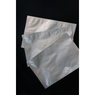 three empty 3-side seal foil PET pouches with loading lip and tear notch