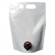 SP15L75M white barrel pouches with pour spout and handles single barrel pouch with red dispensing tip and handle holes