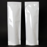 two 18 inch tall white stand pouches with ZipSeal and precut tear notch