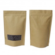 front and back of brown Kraft stand pouches with bottom vista window