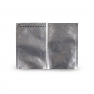 front and back of silver mini pouch with child proof tear notch