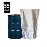 Large silver foil drum liner standing next to blue barrel drum