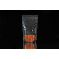 single transparent zipseal stand pouch filled with orange beads