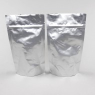 two silver foil standing pouches with low zipper