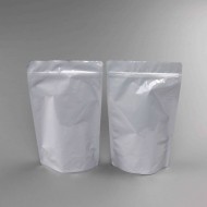 two white mylarfoil standing pouches with tear notch