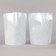 6.69" x 8.5" x3.5" OD PAKVF4W White MylarFoil stand up pouch w/ rounded corners and tear notch