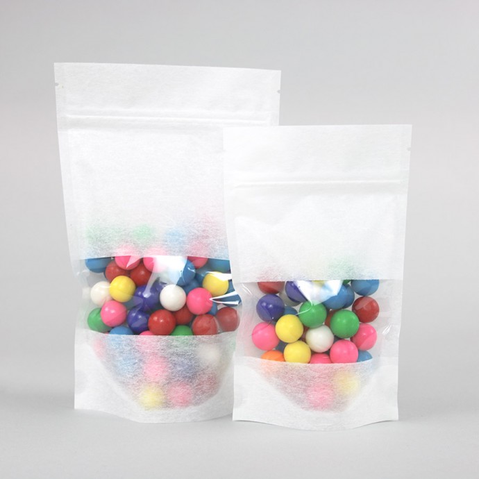 two white rice paper standing pouches with zipseal