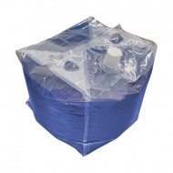 Cube flexible film liquid container with spout and blue liquid