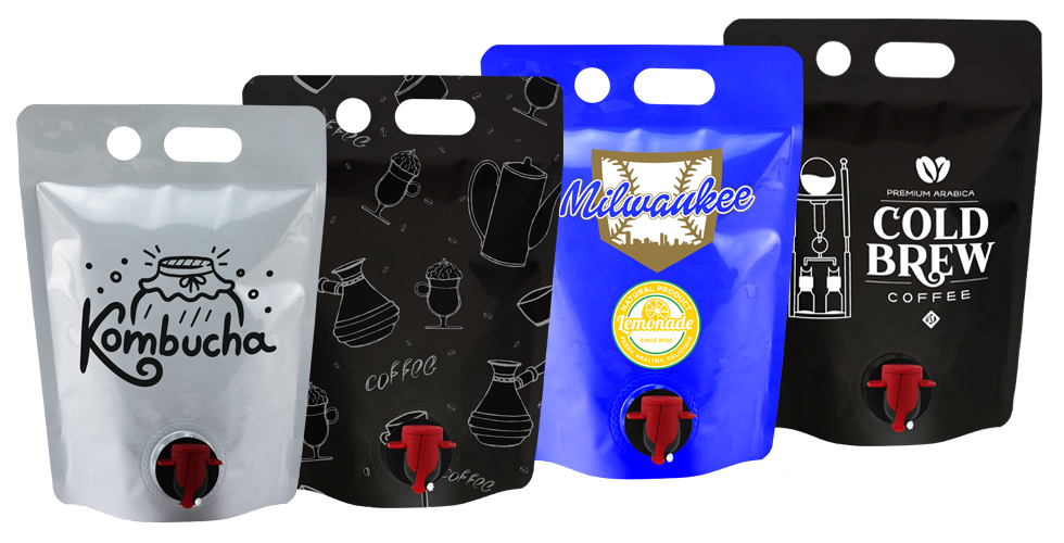 various sports and business themed standing liquid pouches