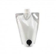 white barrel standing pouch for liquids with black pour spout and top fill screw cap