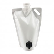 white barrel standing pouch for liquids with black pour spout and top fill screw cap