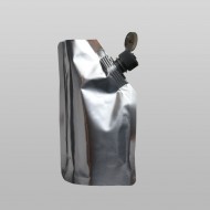 a silver spoutpack standing fill with tamper evident snap cap
