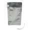 tear off the strip for a clean reusable bag standing silver pocket zipper pouch opened with it's tear string laying next to it