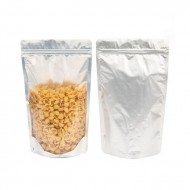 3 stand pouches with zipper closure clear front and foil back filled with nuts