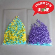 two high barrier QX pouches with green and yellow beads in left pouch and purple beads in right pouch
