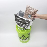 green bucket with 5 gallon mylar bag and superpoly vacum sealed grains with oxygen absorbers