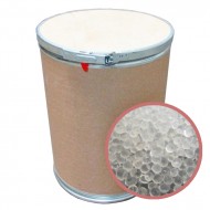 639AG55 non-indicating silica desiccant 55lb drum sturdy 55lb drum with window inside showing white desiccant beads on black table