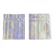 two stripped holographic minipouches laying empty