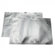 two empty wide silver mylar foil 3-side seal pouches