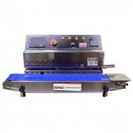 band sealer with blue conveyor and built in inkjet printer