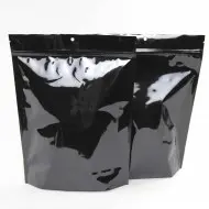 two black zipper seal pouches with k-seal bottom gusset and hang hole