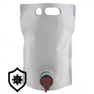 STSP15LBPMW sterilized white barrel pouches with pour spout and handles single barrel pouch with red dispensing tip and handle holes for sterilization