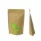 Front of Kraft pouch with cirular windows next to example of filled pouch depth