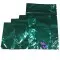 group of green mylarfoil pouches in varying sizes with measurements displayed 
