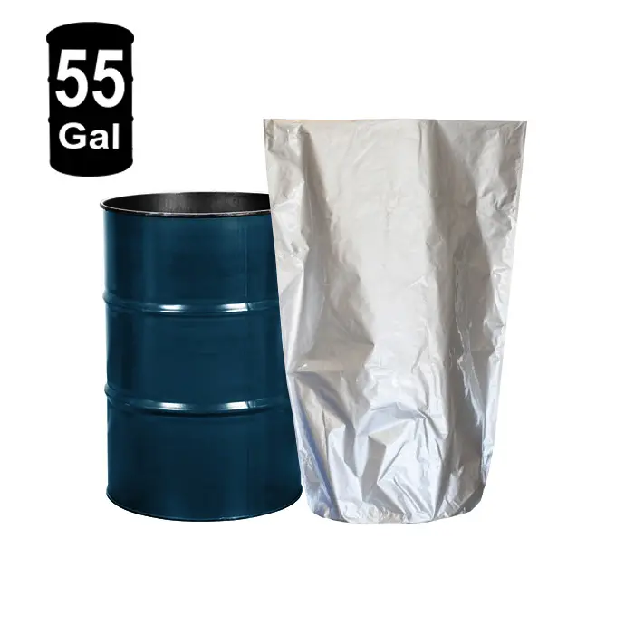 DLPCAD2325 silver foil drum liner 38.75" x 23.25" Large silver foil drum liner standing next to blue barrel drum