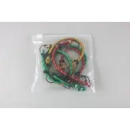 clear pouch with side zipper filled red yellow and green bungee cords in a clear pouch with slide zipper opening
