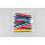 silngle clear slider bag laying flat on grey table filled with colorful pens