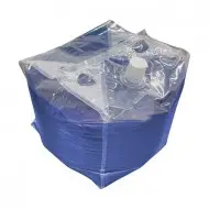 Cube flexible film liquid container with spout and blue liquid