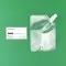 small clear spout pouch next to business card