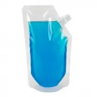 clear spoutpak pouch filled with blue liquid 