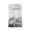 Packs down flat for more efficient transport silver flat bottom bag with pocket zipper lying flat on white table
