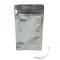 tear off the strip for a clean reusable bag standing silver pocket zipper pouch opened with it's tear string laying next to it