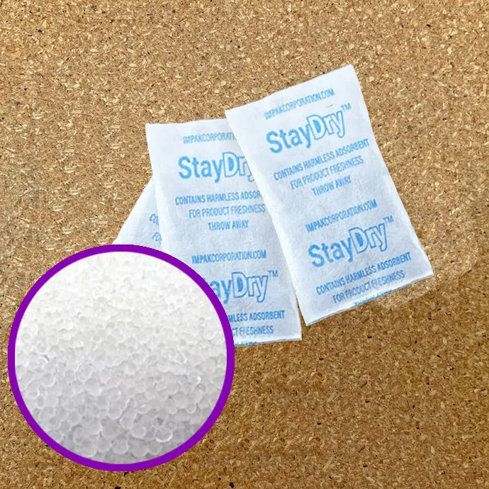 piles of silica gel non indicating desiccant packets 