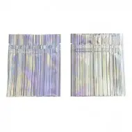 two stripped holographic minipouches laying empty