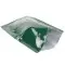 green 3-side seal pouch open with silver inside
