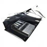 silver barrier bags with fold over bottom and DVD case on top for scale