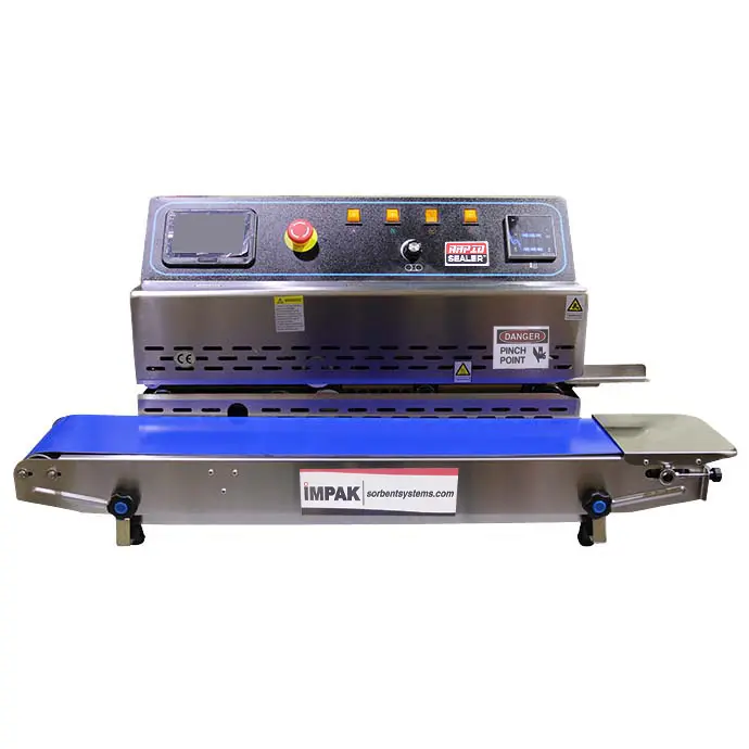 PHR1525RLH - Print Rapid™ Hualian tabletop band sealer with inkjet printer band sealer with blue conveyor and built in inkjet printer