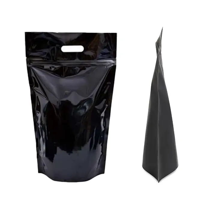 Black Foil Stand Up Pouch with zipper closure and die cut oval handle Single glossy black stand pouch with handle