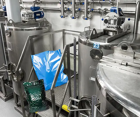 colorful mylarfoil pouches next to industrial mixing station