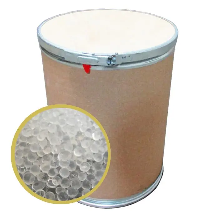 55 lb drum filled with 2.36 - 6.7 mm granular white silica gel beads