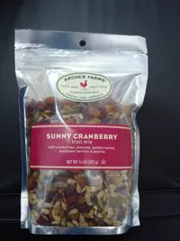 silver stand pouch with sunny cranberry trail mix inside