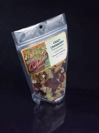 silver stand pouch with crazy cranberry trail mix inside