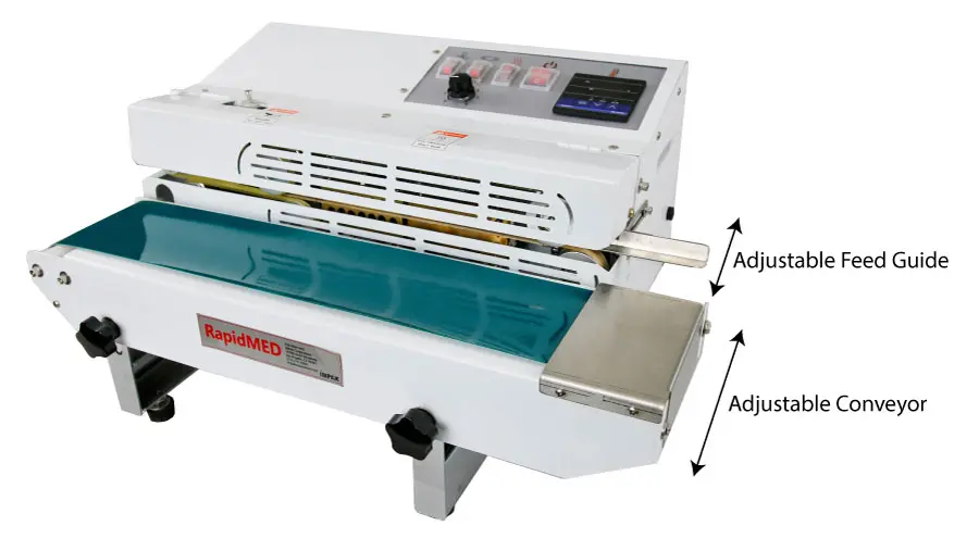 Horizontal Belt Sealer with arrows displaying adjustable parts
