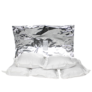 5lb clay desiccant pouches piled on top of siler bag they come in