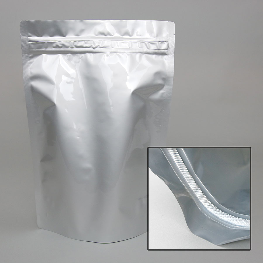 9" x 13.375" x 4.75" OD Silver Mylar Foil Stand Up Pouch with Hook-To-Hook Zipper - FDR0475VZ