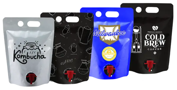 various sports and business themed standing liquid pouches